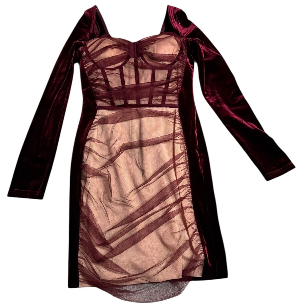 Chic Long Sleeve Burgundy and Nude Dress